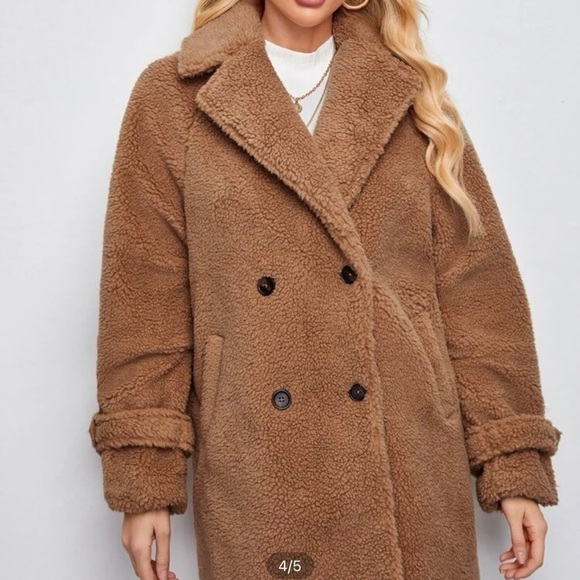 Double Breasted Teddy Coat, Notched Collar, Button Cuff, 2 pockets, Ov… - Picture 3 of 12